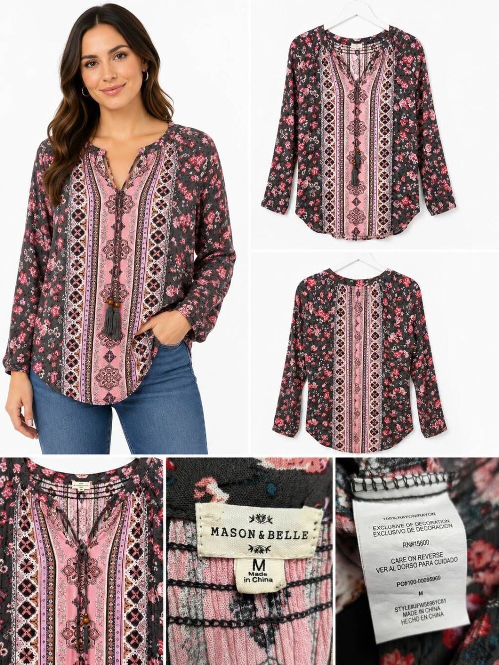 Mason & Belle Boho Floral Tassel Blouse M